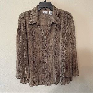 Covington animal print pleated button down blouse